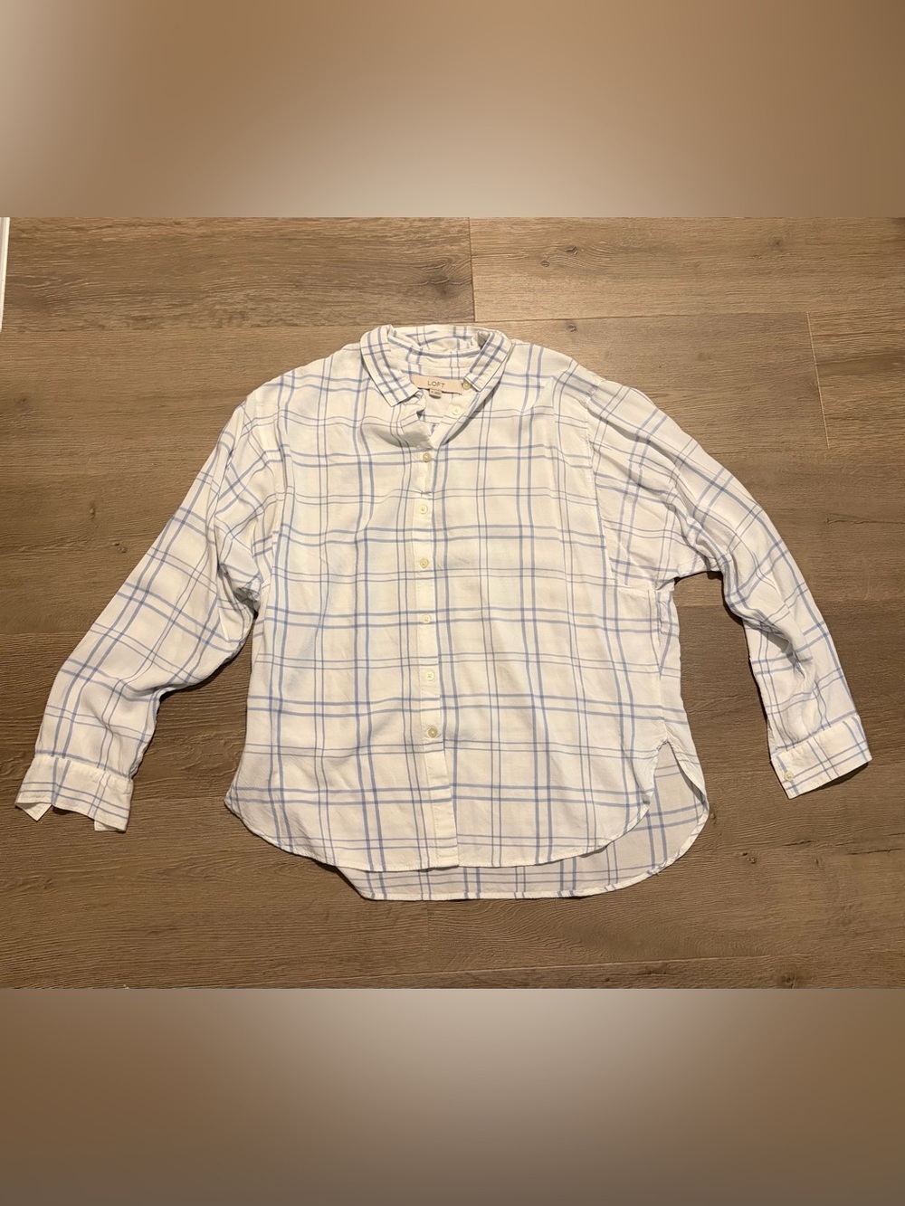 LOFT Women’s White Button-Up Shirt with Light Blue Windowpane Check